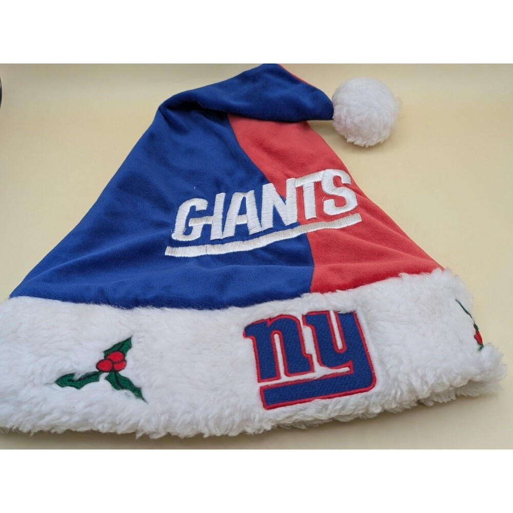 New York Giants Team Logo Holiday Plush Santa Hat Christmas Blue & Red Berries